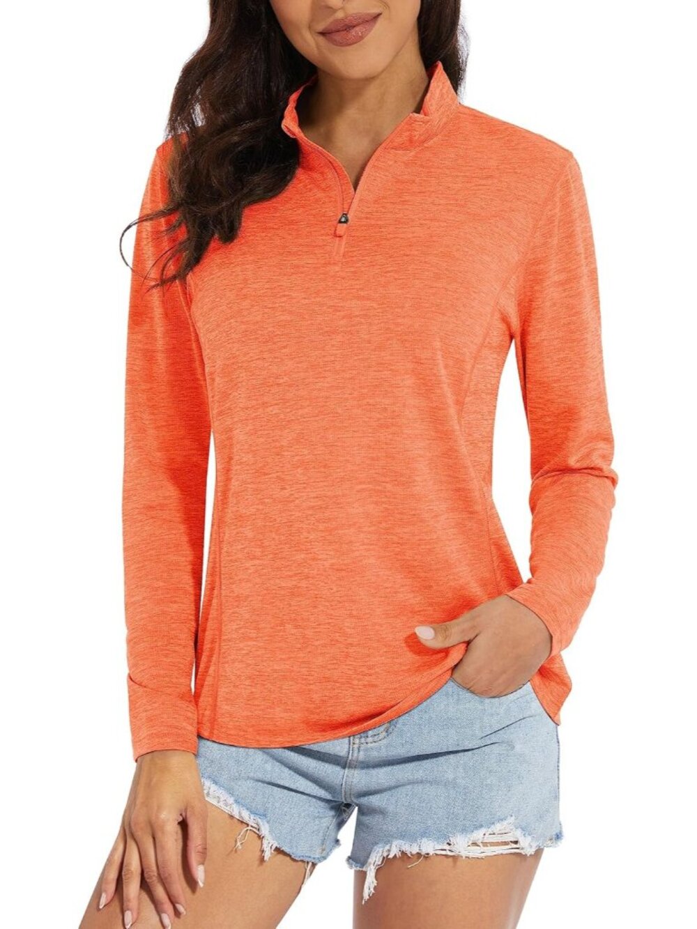 Women's Orange UPF 50+ Sun Shirts Long Sleeve 1/4 Zip Pullover Athletic T Shirts